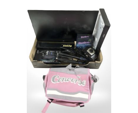An LG monitor, Kodak brownie camera, Hawke spotting scope, TV box, collapsible tripod, etc. (1 box)