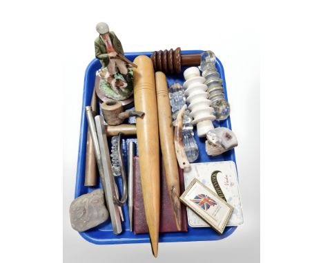 A gemstone specimen glass and ceramic radio insulators, rustic wooden pipe, boxed bezique markers, butcher's style hook etc 