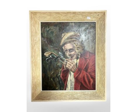 20th century school : Portrait of a golfer smoking a pipe, oil on board, 50 cm x 40 cm 