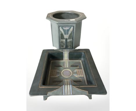 A turquoise glazed pottery planter, height 23 cm, and similar stand 
