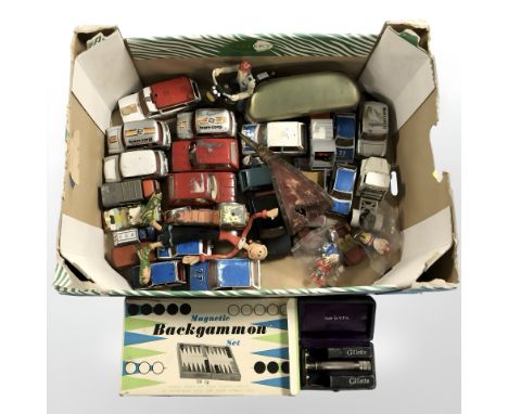 A quantity of play worn die cast vehicles, backgammon set, vintage Gillette razor, etc. (1 box)