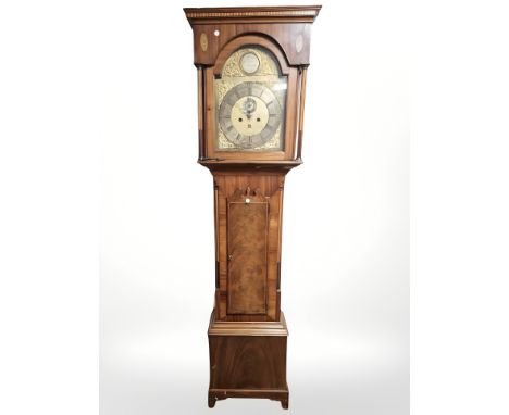 A 19th century inlaid mahogany eight day longcase clock with pendulum and weights, later movement, height 208 cm