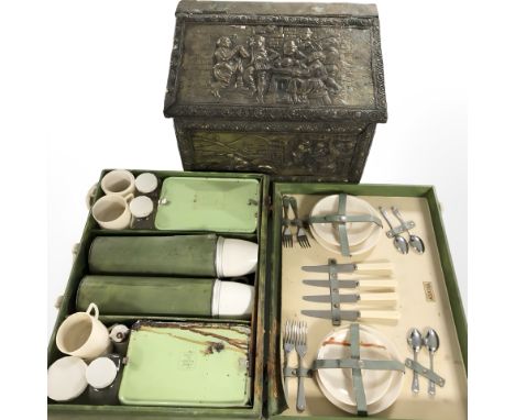 An embossed brass coal bin and a Brexton picnic set.