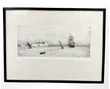 William Lionel Wyllie (1851-1931) : Syracuse, drypoint etching, signed in pencil ,with margins, 16 cm x 38 cm, framed. 