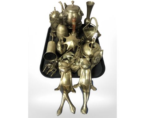 Various brass wares including kettle on stand, animal ornaments, reproduction lantern clock, etc. 