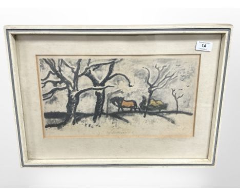 Karel Oberthor (Czech 1921-1996) : Zima - Horse and Cart, lithograph in colours, numbered 23/100, signed in pencil, 19 cm x 3