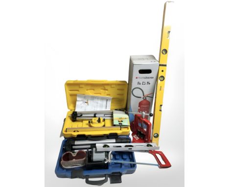 A group of hand tools, boxed fire extinguisher, spirit levels. (1 box)