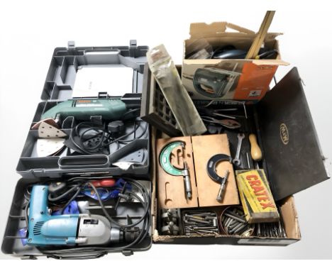 A boxed Bosch sander, Makita drill, various drill bits, hardware etc (2 boxes)