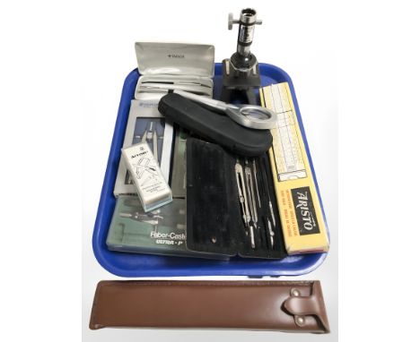 Parker pens, drawing compasses, rules, magnifying glass, microscope 