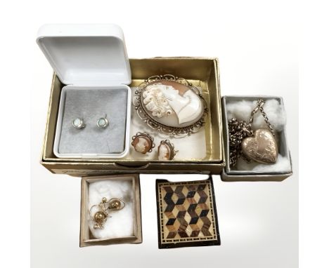 A 9ct gold-mounted cameo brooch, pair of similar earrings, pair of opal stud earrings with backings stamped '9ct', heart lock