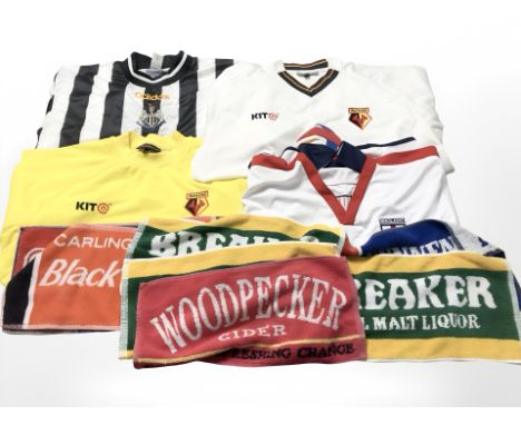 A group of pub bar cloths bearing advertising, Watford and Newcastle United football shirts, etc. (1 box)