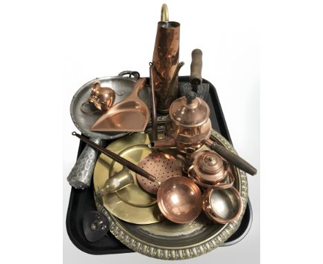 Metal wares including brass charger, copper chocolate pot and ladle, iron etc 