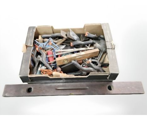 A group of wood working tools, vintage wooden spirit levels, hand drill, plastic clamps, hardware etc (1 box) 