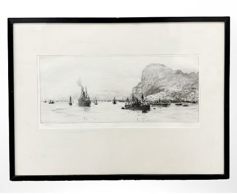 William Lionel Wyllie (1851-1931) : The Rock of Gibraltar, drypoint etching, signed in pencil, with margins, 16 cm x 38 cm. 
