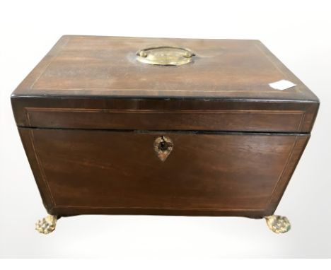 A George III inlaid mahogany sarcophagus tea caddy, width 27 cm 