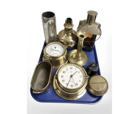 A ship's style brass cased Quartz clock and similar barometer, candlestick, lamp base, lantern etc 