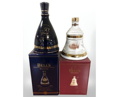 Two Bells Scotch Whisky decanters, both sealed in original boxes  : 50 Years Reign of Queen 2002 and Christmas 2000 