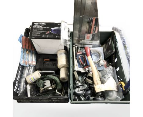 Assorted hand tools, try square set, trolley castors, boxed jump starting kit. (2 boxes)