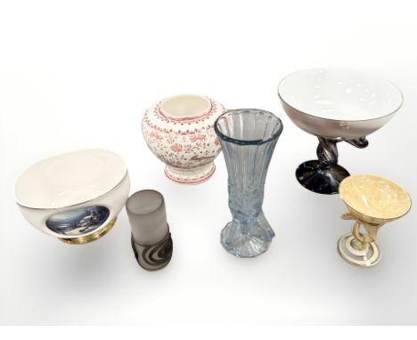 A group of contemporary ceramics and glass to include iridescent comport with white basin, height 23 cm, Antique Portuguese u