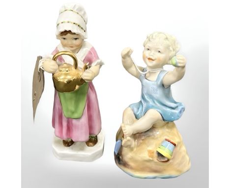 Two Royal Worcester figurines : Polly put the kettle on, 303, height 16cm, together with another similar - But the child that
