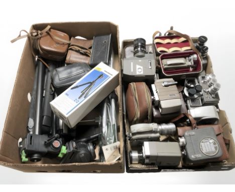A group of vintage cine cameras including Crown, Electra, Yashica, together with further cameras and tripods, etc. (2 boxes)