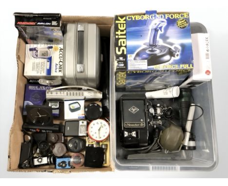 A boxed joy stick, radio clocks, Agfa projector, photograph accessories, Agfa projector etc (2 boxes)