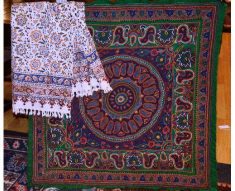 A Persian wall tapestry, 97 x 97cm, together with a printed throw, 200 x 138cm (2)