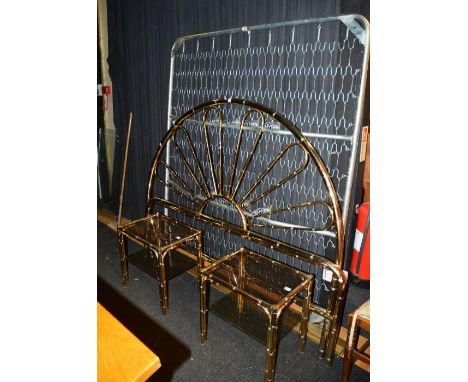 A modern gilt metal 4ft bed, with arched rail to one side, together with metal rails and spring base, together with two simil
