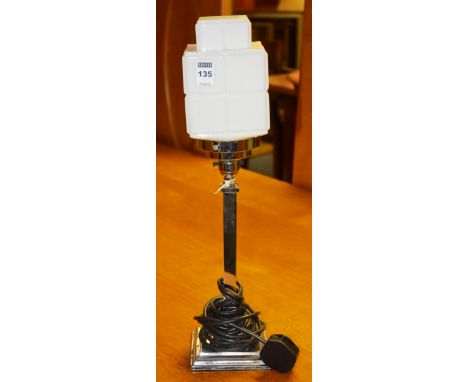 An Art Deco chrome table lamp, with white cube style opaque glass light shade above plain column and square base, 51cm high 