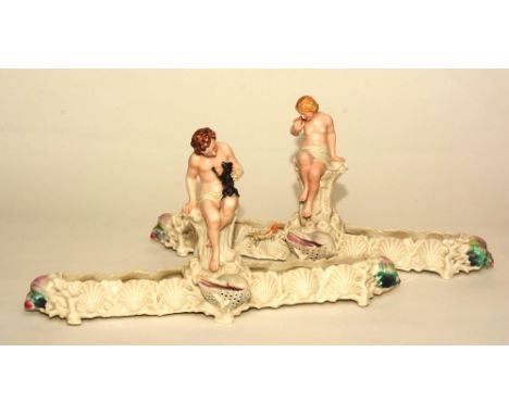 A pair of Royal Worcester porcelain posy vases, decorated with Hadley figure of a classical male and female, surrounded by se