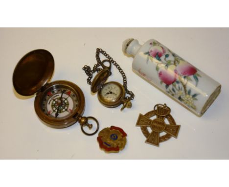 An Oriental porcelain scent bottle, with lid, decorated with hand painted fruit on vines, together with a vintage Omega fob w