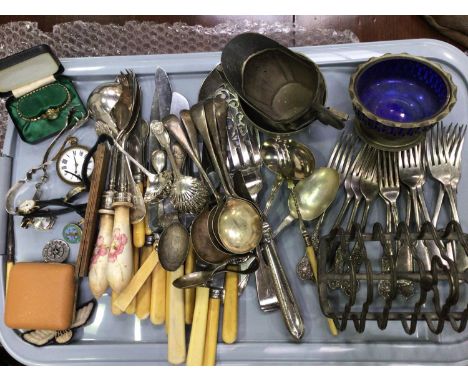 A quantity of silver plated flatware, sugar bowls and toast rack, together with various ladies watches etc 