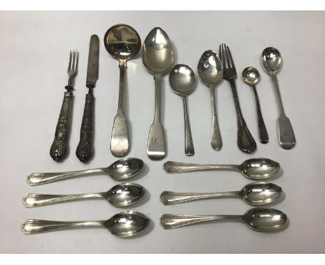 An early Victorian silver fiddle pattern sauce ladle, Edinburgh, 1839, together with various 19th century spoons and flatware
