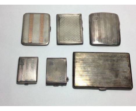 Four silver pocket cigarette case and two silver matchbook holders, all with engine-turned decoration, 16ozt 