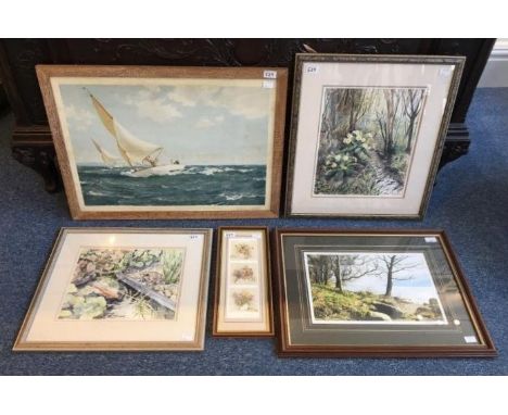 Five assorted prints and paintings including two watercolour studies of flowers by Tricia Thomson and a seascape print after 