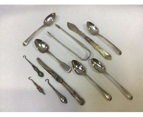 A small selection of silver items including five assorted Georgian silver fiddle pattern teaspoons, one hallmarked Dublin, 18