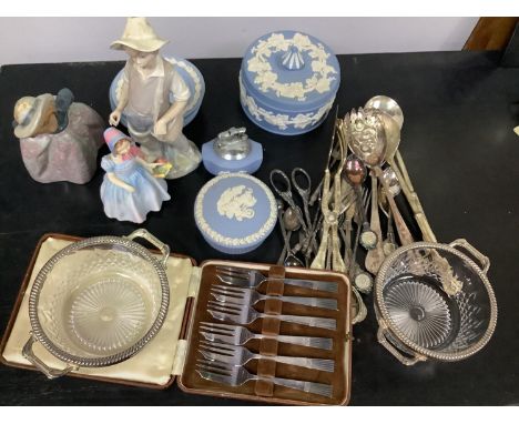 A collection of ceramics including a royal Doulton figure, NAO, Lladro, an assortment of Wedgwood, two glass bowls and a mixe