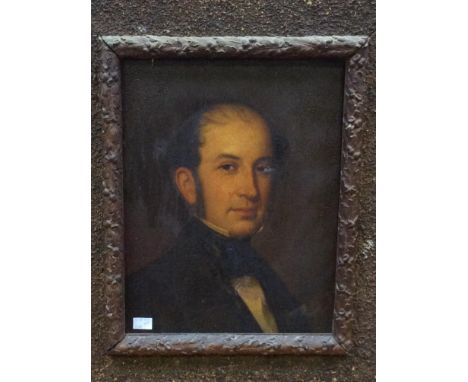 19th century school.  Head and shoulders portrait of gentleman wearing white shirt, black scarf and frock coat, oil on canvas