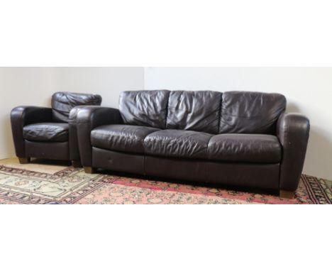 A large good quality modern Sitting Room Suite, consisting of three seater Settee, and two Armchairs covered in dark hide. (3