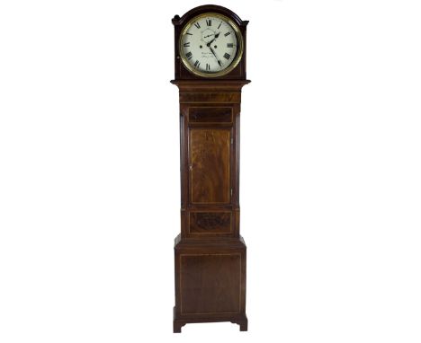 A fine quality Regency mahogany inlaid and brass inset Grandfather Clock, the arched top housing an enamelled dial with Roman