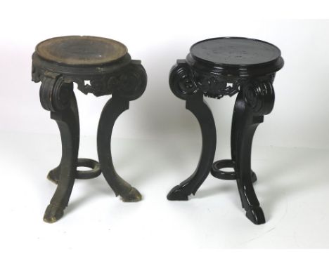A pair of ebonised tripod Oriental Jardiniere Stands, of low proportions with hoof type feet, approx. 53cms (21") each. (2)