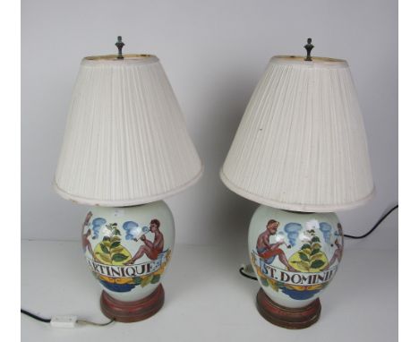 A pair of painted porcelain Table Lamps, of bulbous shape, with shades. (2)