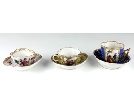 Three attractive "Augustus Rex" porcelain Cups and Saucers, of oval shaped forms with decorative floral design highlighted in
