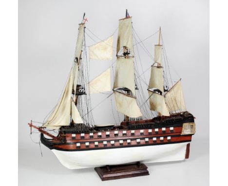 A fine quality 20th Century large scale Ship Model, of the HMS Victory, with canvas sails and timber rigging, with Union Jack