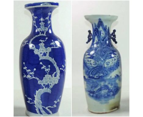 A large late 19th Century Chinese blue and white porcelain Vase, decorated with river scene, figures boating in foreground, 5