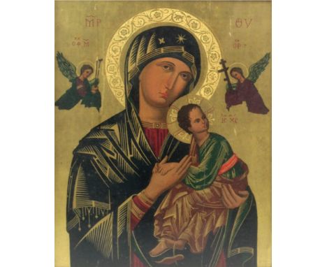 19th Century Russian School"Mother of Perpetual Help," icon, oils on panel, approx. 54cms x 44cms (21" x 17"), printed label 