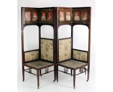 An Arts &amp; Crafts style two piece Conversation Chair, the top with panelled prints of elegant ladies, with open arch panel