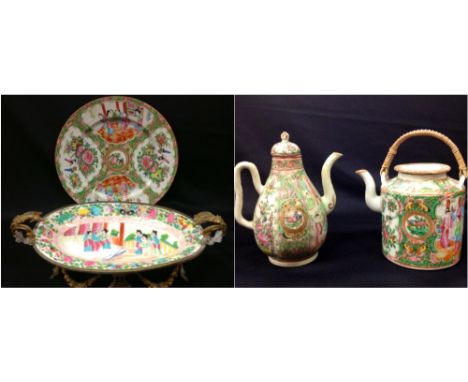 A small oval Cantonese Dish, on ormolu stand, forming a table centrepiece, and a similar circular plate, 20th Century; togeth