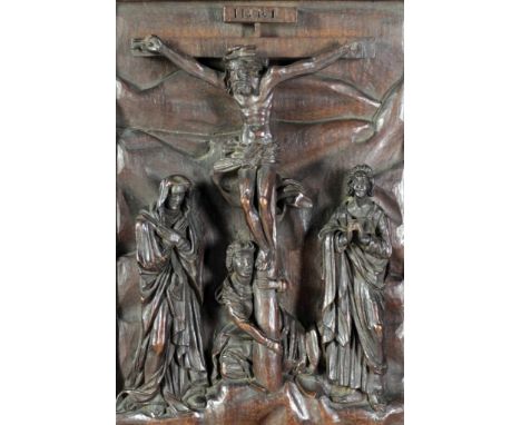 An important 18th Century Renaissance Revival period carved wooden Panel, depicting the crucifixion, approx. 32cms x 24cms (1