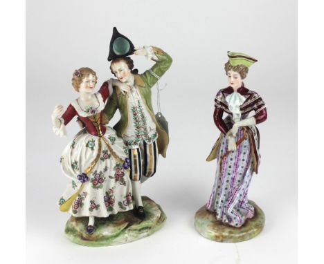An attractive Continental porcelain Group, Lady &amp; Gentleman in period costume; and another fine similar Figure of a Lady 